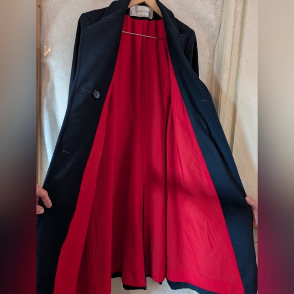 Evan Picone Dark Blue Gray Wool Coat Red Lining. Vintage - Picture 7 of 13